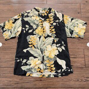 Tommy Bahama Silk Hawaiian Shirt Floral Black Yellow Medium